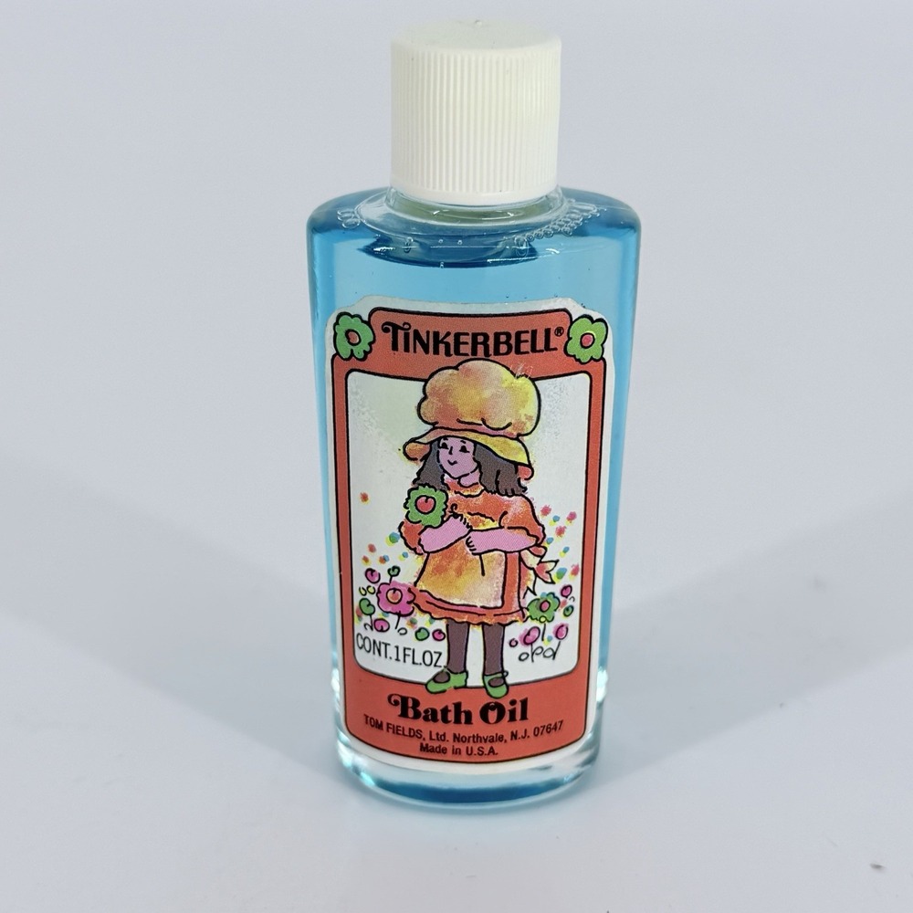 Tinkerbell Bath Oil 1 Fl Oz Vintage Tom Fields Ltd Glass Bottle Blue 1970's